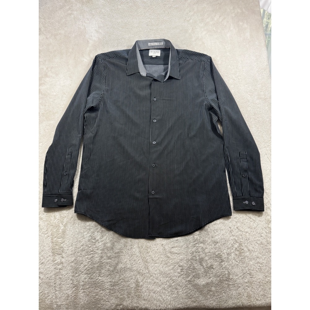 C-LAB NYC Mens Slim Fit 4-Way Stretch Striped Black Button Down XL
